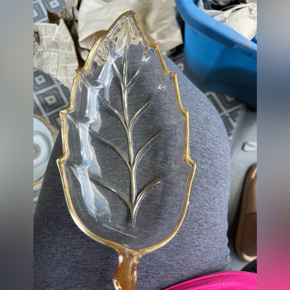 Gold-Trimmed Leaf-Shaped Glass Dish